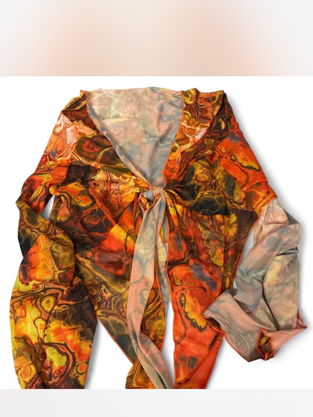 SHEIN Orange Multi Print Tie-Front Long Sleeve Top